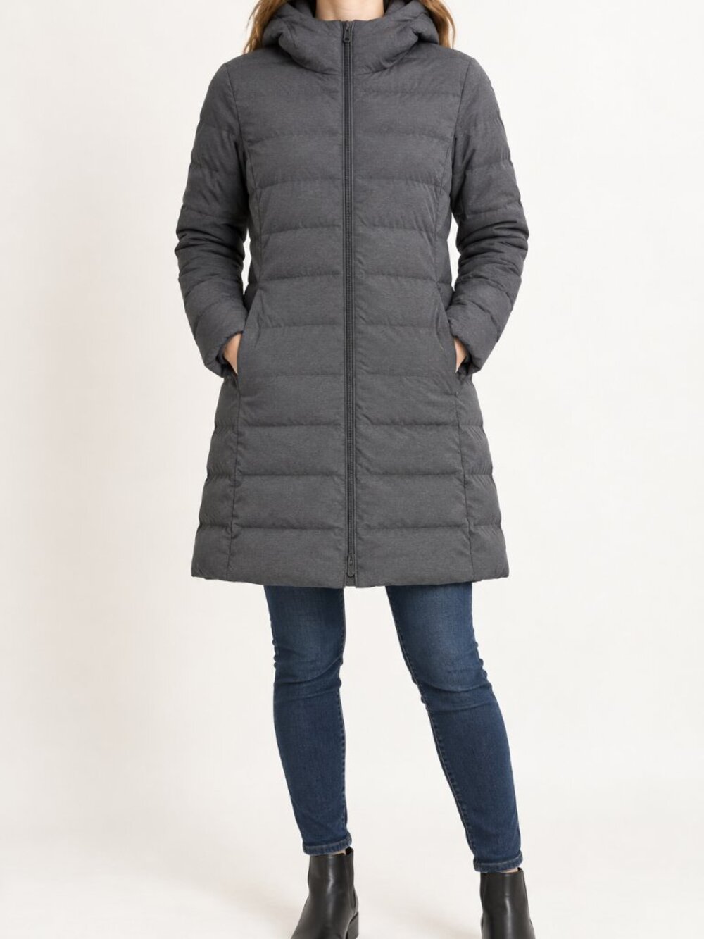 Uniqlo Women’s M Gray Lightweight Down Hooded Long Puffer Coat